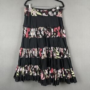 Chaudry Skirt Womens Large Black Pink Floral Boho Tiered Maxi 100% Cotton India